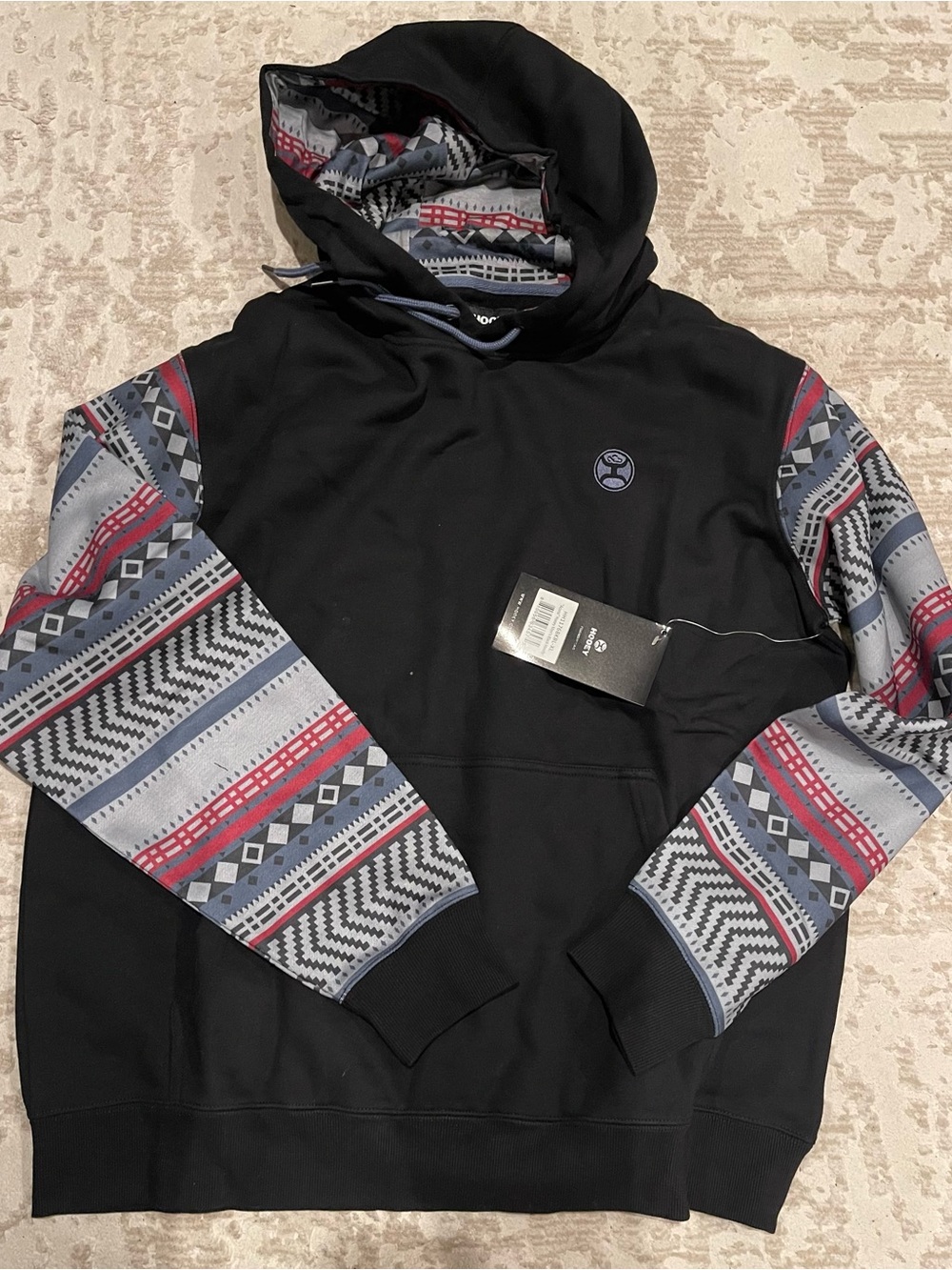 Hooey Black Hoodie with Patterned Sleeves and Red/Gray Accents XL NWT